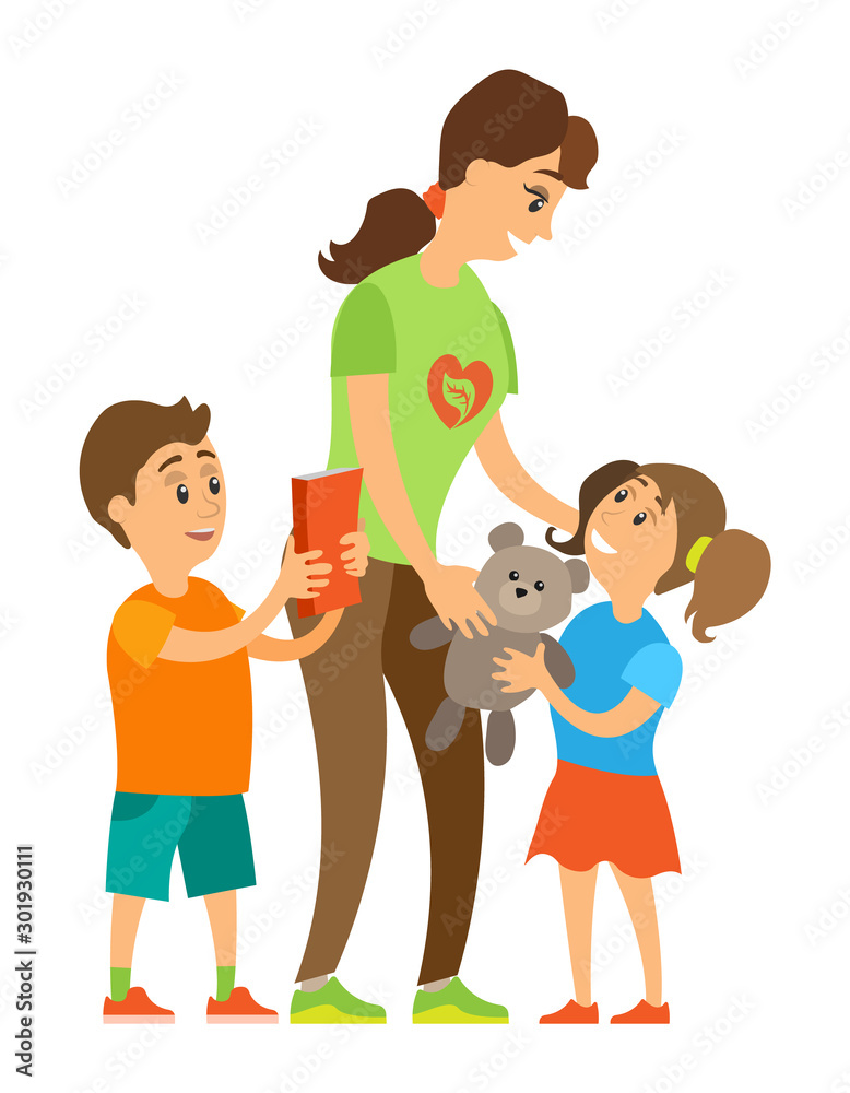 Smiling woman volunteer giving teddy to little girl, boy holding book, caring to orphans, portrait view of assistance and children, volunteering . Vector illustration in flat cartoon style Smiling woman volunteer giving teddy to little girl, boy holding book, caring to orphans, portrait view of assistance and children, volunteering . Vector illustration in flat cartoon style