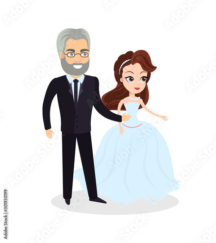 Foto Wedding day of daughter, father and girl marrying man flat style