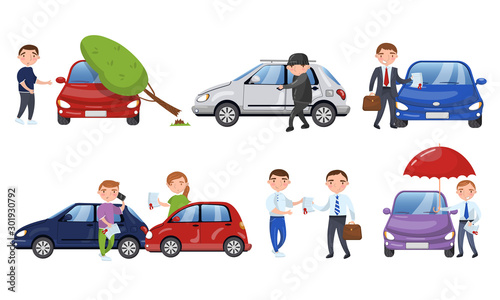 People Suffering From Different Car Accidents Vector Illustrations