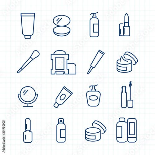 Simple Set of Cosmetics Related Vector Line Icons. Contains such Icons as Cream Bottle, Lipstick, Makeup Brush and more. Editable Stroke.