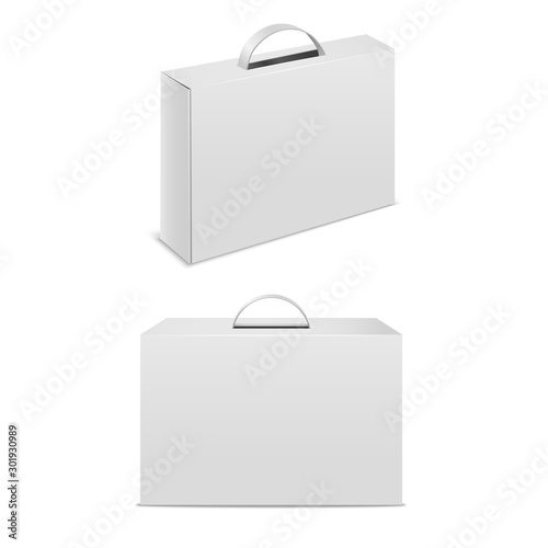 Realistic Detailed 3d White Blank White Box Case with Handle Template Mockup Set. Vector