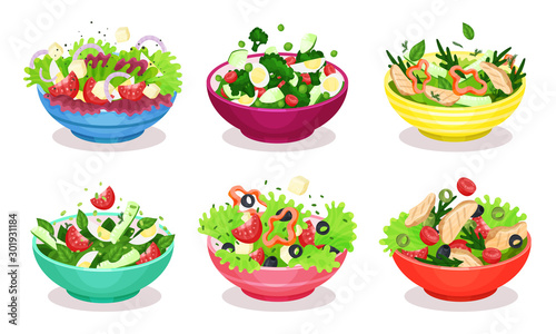 Vegetable Salads Vector Set Appetizing Dishes From Fresh Products
