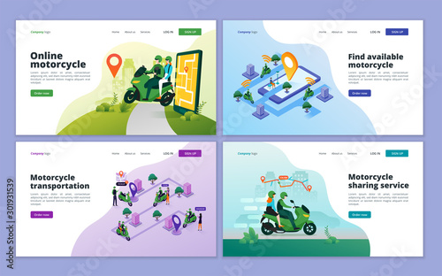 Landing page template of online motorcycle transportation with smartphone application. Motorcycle taxi concept for website and mobile website development