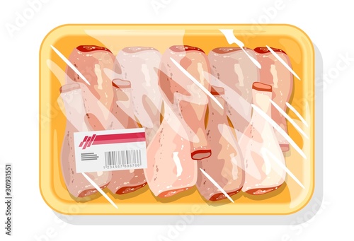 Poultry freeze in polyethylene packing for best storage, preservation and transportation meat. Chicken drumsticks, leg quaters wrapped kitchen film. Vector cartoon illustration isolated on white. photo