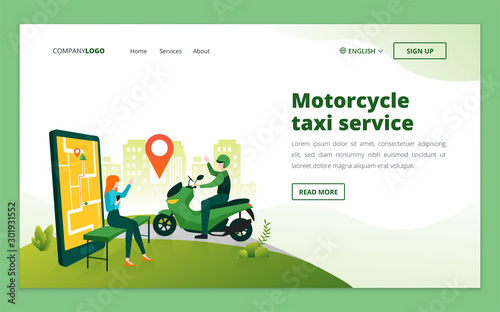 Web page design template of online motorcycle transportation with smartphone application. Motorcycle taxi concept for website and mobile website development