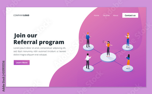 Landing page template of referral program. Referral marketing, affiliate marketing, refer a friend and business partnership concept for website and mobile website development