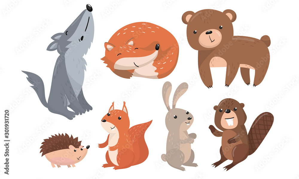 Cute Forest Animals Vector Set. Funny Baby Illustrated Collection Stock ...