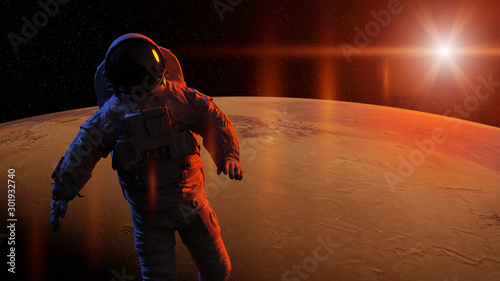 astronaut during a space walk in orbit of planet Mars