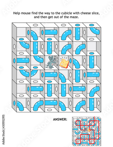 Maze with cheese and mouse, or rat: Help mouse find the way to the cubicle with cheese slice, and then get out of the maze. Answer included.