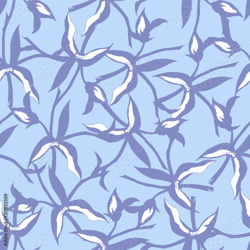 Textile pattern of purple lianas shapes on a blue background. Winter ornament for fabric, tile, wallpaper and paper.