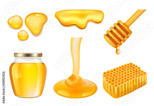 Honey jar. Golden or yellow sticky splashes of farm honey and honeycomb vector realistic illustrations. Honey sweet, nature golden organic food
