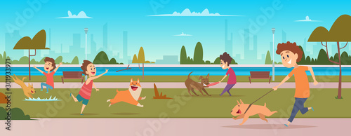 Kids in park with dogs. Children jogging and playing running with happy domestic puppy dogs vector outdoor background. Dog walk in park with children illustration