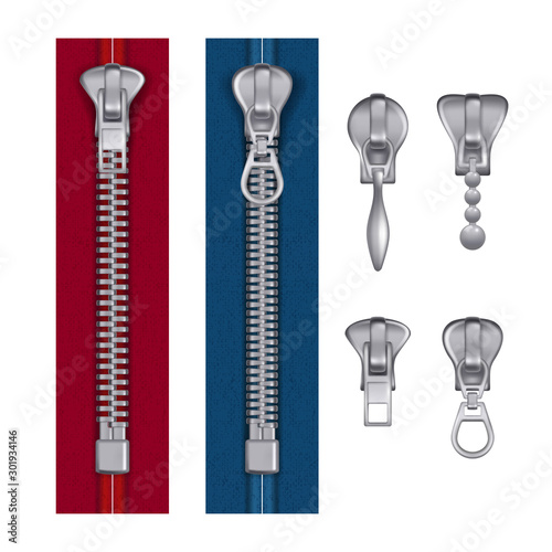 Metal zipper. Fashion items buckles lock handbag components zipper accessory vector realistic collection. Zipper and lock, steel zip, unzipping accessibility illustration