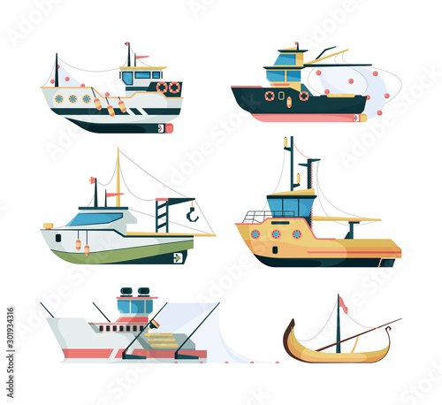 Fishing boats. Marine sailing transport for fishing big and small ships vector flat style. Illustration transportation marine, nautical boat fishing