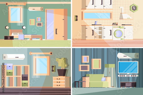 Living room banners. Indoor composition with different furniture chairs bed tables sitting places wardrobe vector orthogonal pictures. Interior home living room, kitchen and bedroom with furniture