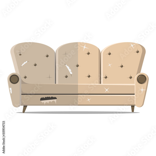 Before and after, old and new damaged large coffee-colored sofa. Design of broken upholstered furniture.