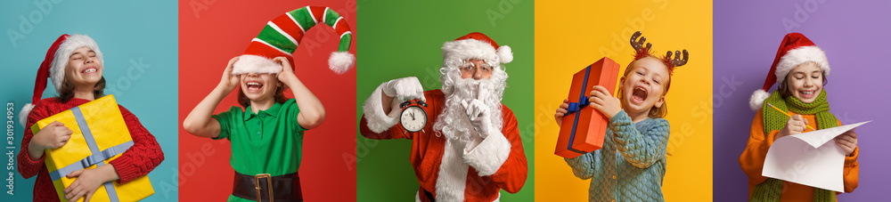 children and Santa Claus on multicolor background. - obrazy, fototapety, plakaty 