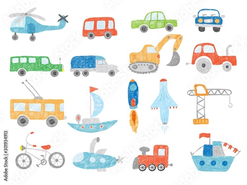 Transport doodles. Kids drawing technics tractor cars plane and ship vector pictures isolated. Illustration transport toys sketch, excavator and helicopter
