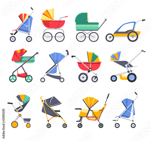 Stroller or baby carriage, child pram models isolated icons