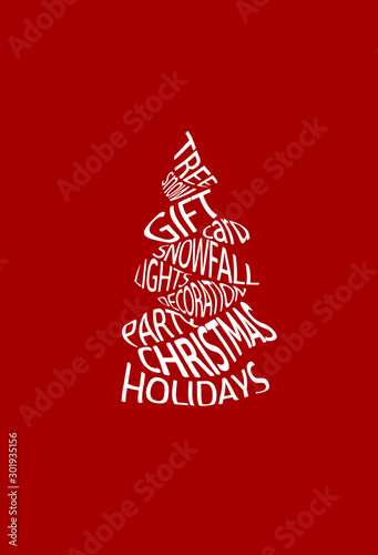 White words related to Christmas collected on red background in the form of Christmas tree. Creative christmas tree concept. Greeting card.