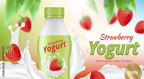 Yogurt advertising. Creamy delicious liquid food with fruits diet breakfast product in package vector realistic. Illustration yogurt advertising, sweet and healthy