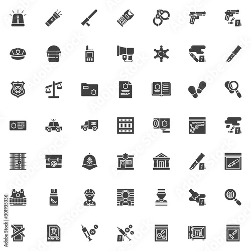 Police vector icons set, modern solid symbol collection, filled style pictogram pack. Signs, logo illustration. Set includes icons as police badge, officer helmet, bloody knife evidence, prison jail