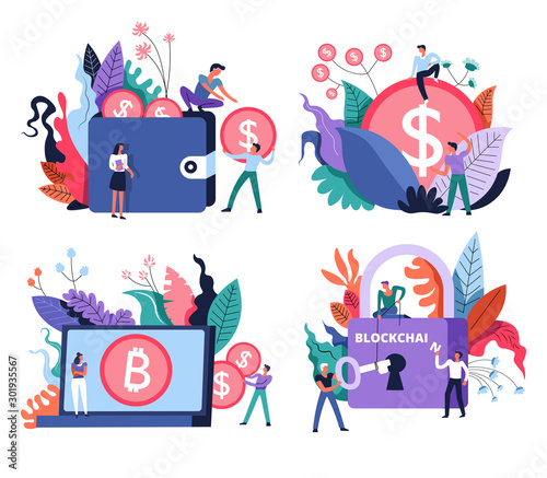 Bitcoin mining and marketplace, digital currency and blockchain, isolated icons