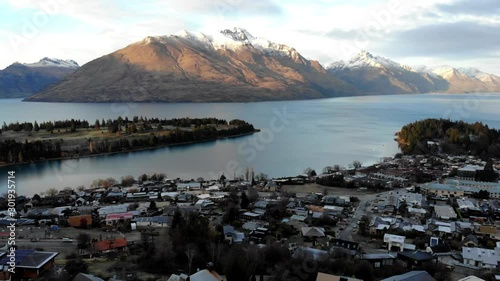 Scenic aerial view of Queenstown during sunrise.