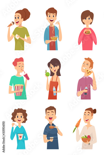 People eating. Hungry persons with different foods and drinks cake spaghetti fruits hotdog burger vector pictures. Illustration hungry people eat food