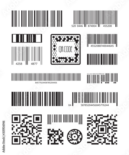 Qr code. Bar code scanning product symbols laser code message vector set. Illustration code scan, qr and number tracking or scanning striped