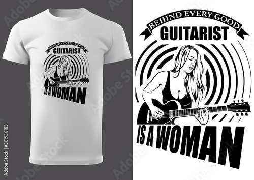 T-shirt with Woman Guitarist and Inscriptions - Black and White Illustration for Musicians and Fans, Vector
