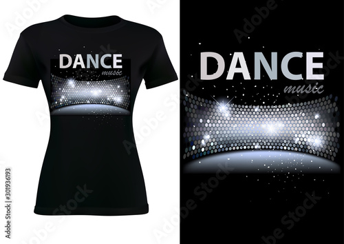 Black T-shirt Design with Abstract Dance Disco Theme and Glittering Spotlights - Colored Fashion Illustration, Vector Graphic