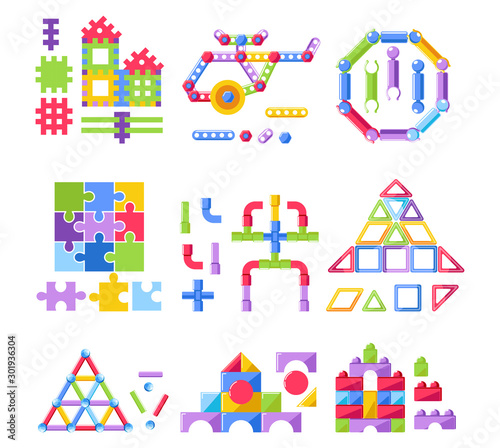 Building kit or constructor, kid toy, puzzle or jigsaw, isolated icons