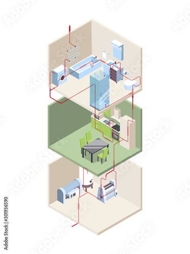 Pipes installation. House crossection with hot and cold water pipes modern systems vector isometric. Pipeline cross section, construction installation illustration photo