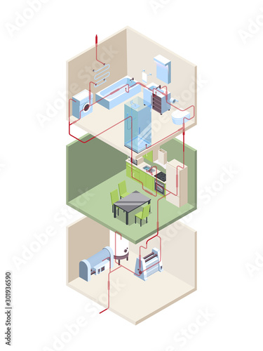 Pipes installation. House crossection with hot and cold water pipes modern systems vector isometric. Pipeline cross section, construction installation illustration