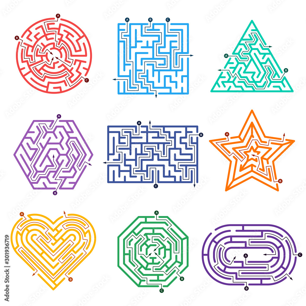 Game labyrinth. Mazes way with various entrance gate and exits out