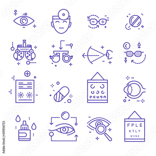 Eye treatment, ophthalmology isolated linear icons, medicine and healthcare