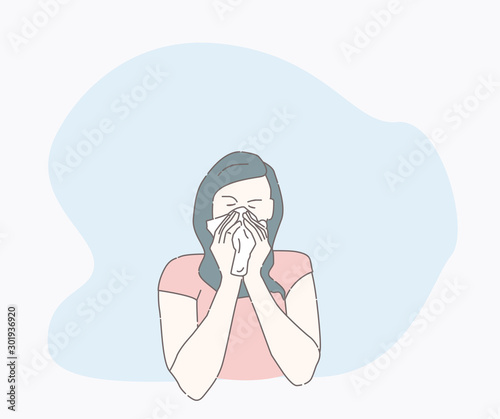 symptoms of a cold patient. hand drawn style vector design illustrations. runny nose character. Health And Pain. the girl is sick