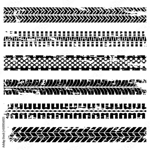 Tire protector. Traces wheels distress trail vector grunge graphics collection. Illustration trail track, tread car tire, rubber protector
