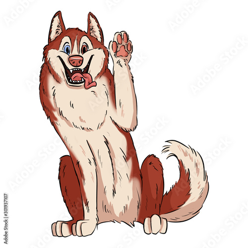 Cute suberian husky waving paw. Illustration of a dog in lineart style. Malamute or Laika Dog. Domestic animal or pet in cartoon style