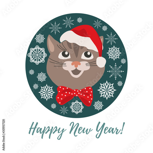 Merry Christmas and Happy New Year. Isolated smiling cartoon face of cat in a Christmas hat in circle. Cute vector illustration.