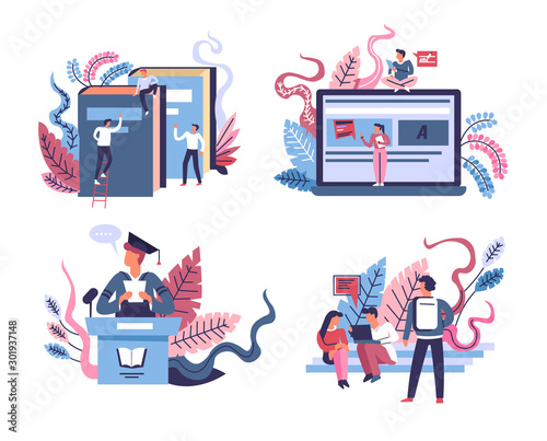 Education and graduation isolated icons, online distant learning