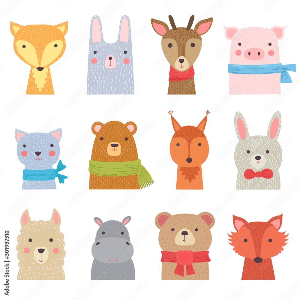 Obraz premium Funny animals. Cute zoo collection shower kids decoration baby animals vector hand drawn pictures. Zoo wildlife, squirrel and hippopotamus illustration