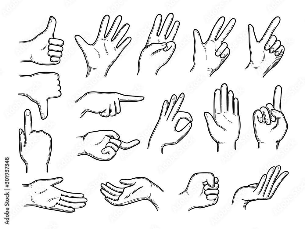 Hands doodles. Expression gestures human hands pointing shaking vector