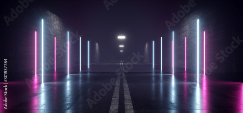 Neon Glowing Sci Fi Futuristic Retro Modern Asphalt Grunge Cement Concrete Tunnel Corridor Hall Garage Purple Blue LIghts Empty Background Alien 3D Rendering
