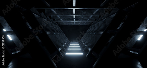 Fototapeta Naklejka Na Ścianę i Meble -  Triangle Shaped Cement Concrete Underground Structures Construction Tunnel Corridor Dark Empty Night Sci Fi Futuristic Led Lights White 3D Rendering