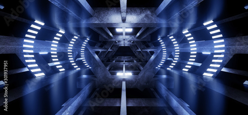 Triangle Concrete Sci FI Futuristic Tunnel Corridor Oval Led Laser Neon Lights Glowing Blue Abstract Background Stage Show 3D Rendering
