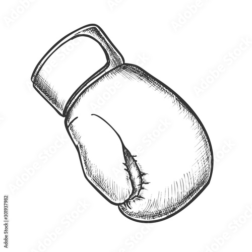 Boxing Glove Protect Sport Wear Monochrome Vector. Single Energy Sportive Accessory Kickboxing Glove For Fighting On Ring. Engraving Mockup Designed In Vintage Style Black And White Illustration
