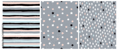 Simple Christmas Vector Patterns with White, Pink, Blue and Black Trees, Stars and Stripes Isolated on a Gray Background. Winter Forest Vector Print and Starry Sky Design. Striped Repeatable Design.