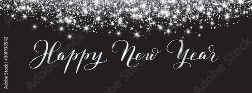 Merry Christmas and New Year banner. Silver glitter decoration